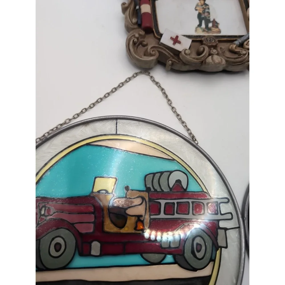 Genuine Antique Fireman Picture‎ Frame Stained Glass (Gift For Your Fireman) Lot